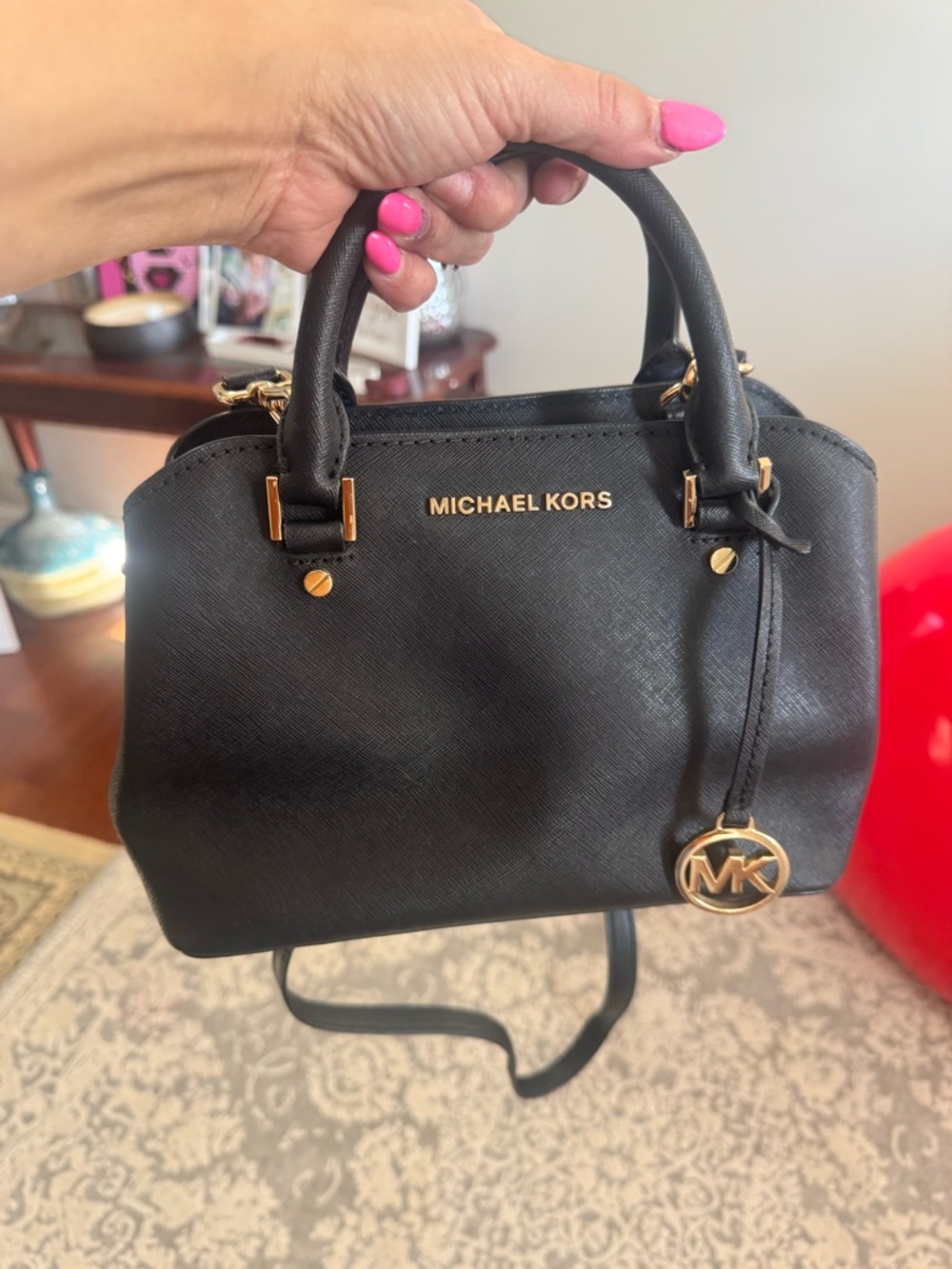 Michael Kors Black Saffiano Leather Mini Satchel Crossbody Gold Hardware